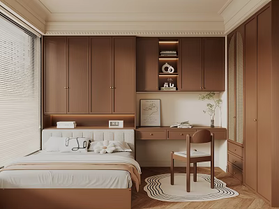 Tatami Bedroom Interior With Brown Cabinets Desk Chair Window And Patterned Rug 3d model