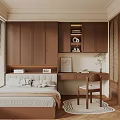Tatami Bedroom Interior With Brown Cabinets Desk Chair Window And Patterned Rug