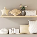 Beige White Decorative Pillows With Star Shaped Quilted Design On Shelves And Vase Flowers