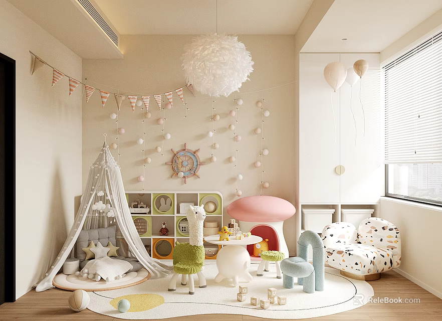 Fun Kids Playroom With Tent Mushroom Table Colorful Chairs Bunting Flags And Stuffed Toys 3d model 