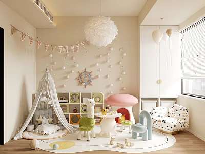 Fun Kids Playroom With Tent Mushroom Table Colorful Chairs Bunting Flags And Stuffed Toys 3d model