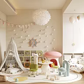 Fun Kids Playroom With Tent Mushroom Table Colorful Chairs Bunting Flags And Stuffed Toys