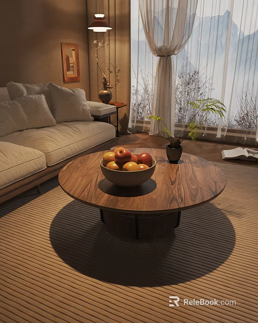 Round Wooden Grain Coffee Table with Fruit Bowl and Small Potted Plant in Living Room 3d model 