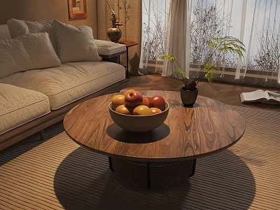 Round Wooden Grain Coffee Table with Fruit Bowl and Small Potted Plant in Living Room 3d model