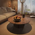 Round Wooden Grain Coffee Table with Fruit Bowl and Small Potted Plant in Living Room