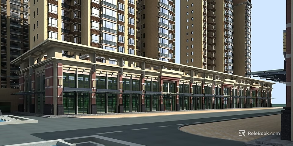 Modern Urban Commercial Street With High Rise Buildings And Glass Storefronts 3d model 