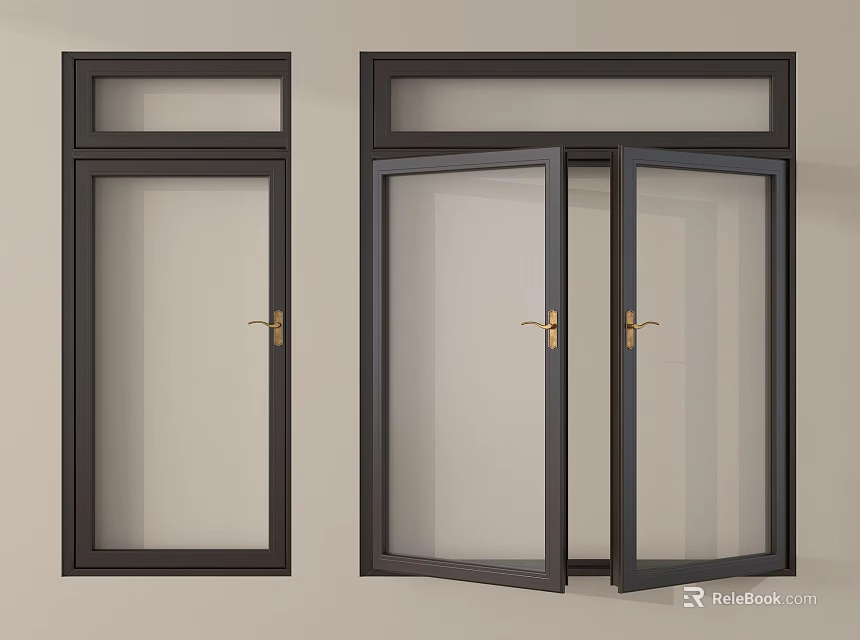 Modern Casement Windows With Black Frame Golden Handles And Transparent Glass 3d model 