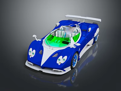Blue And White Supercar With Transparent Roof Green Interior And Aerodynamic Rear Spoiler Sleek Design 3d model