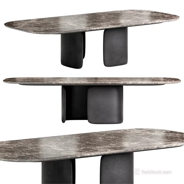 Modern Dining Table With Marble Top And Black Geometric Base Design 3d model 