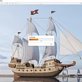 Tall Sailing Ship With Multiple White Sails Red Flags And Wooden Hull On Calm Water