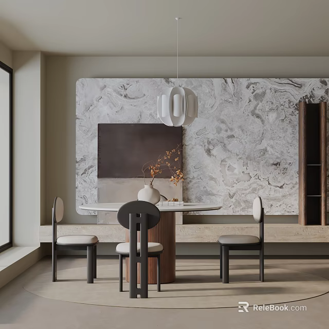 Modern Round Dining Table Set Styled with Chairs Marble Backdrop Pendant Light and Decorative Artwork 3d model 