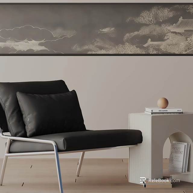 Black Leisure Chair with Black Cushions Metal Frame Near White Side Table Books Decorative Ball 3d model 