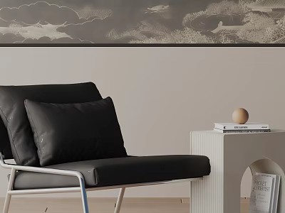Black Leisure Chair with Black Cushions Metal Frame Near White Side Table Books Decorative Ball 3d model