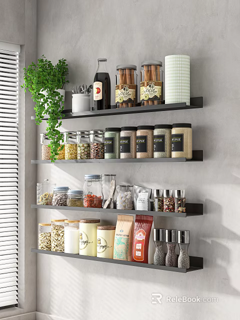Organized Kitchen Storage Shelves with Jars of Spices and Food Items Hanging Green Plants 3d model 