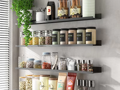 Organized Kitchen Storage Shelves with Jars of Spices and Food Items Hanging Green Plants 3d model
