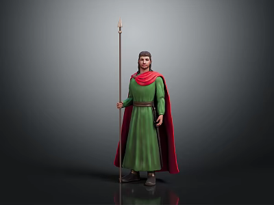 Medieval Warrior In Green Robe With Red Cape Holding Long Spear 3d model