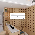 Wooden Storage Cabinets Neatly Arranged In Tea Room With Table And Stools