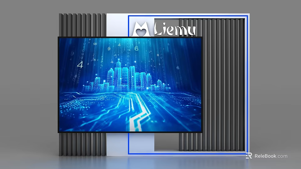Modern Liemu Display Shelf With Digital Screen Showing Tech Inspired City Patterns 3d model 