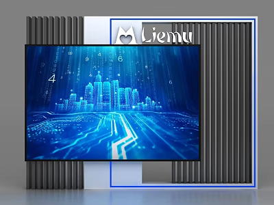 Modern Liemu Display Shelf With Digital Screen Showing Tech Inspired City Patterns 3d model