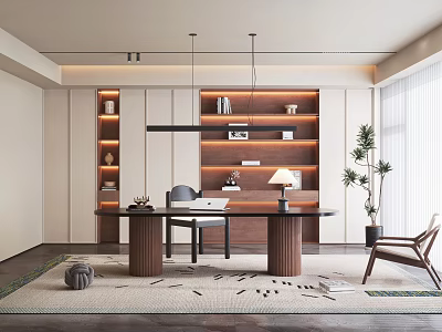 Modern Middle Ancient Study Open Study Desk and Chair Combination Desk Chandelier Bookcase Ornaments Combination 3d model