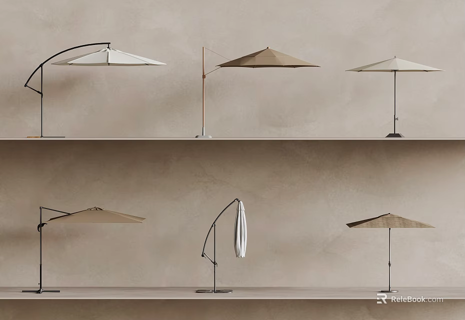 Multiple Modern Sunshade Designs With Metal Frames And Fabric Covers On Display Shelves 3d model
