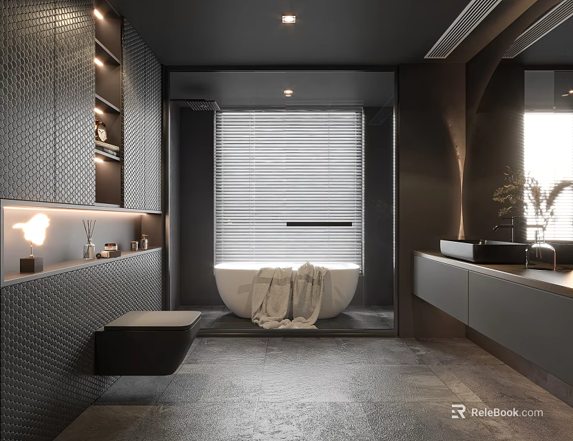 Modern Bathroom Interior with Recessed Lighting Bathtub Towel Draped Double Vanity And Blinds 3d model 