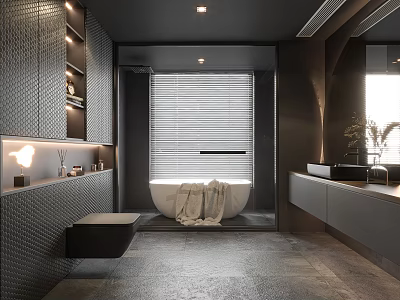 Modern Bathroom Interior with Recessed Lighting Bathtub Towel Draped Double Vanity And Blinds 3d model