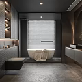 Modern Bathroom Interior with Recessed Lighting Bathtub Towel Draped Double Vanity And Blinds