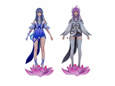 Game and Movie Characters in Blue and Purple Outfits Standing on Lotus Bases 3d model