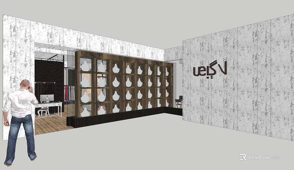 Modern Office Interior With Display Shelves Decorative Vases Wooden Desk And Textured Walls 3d model 