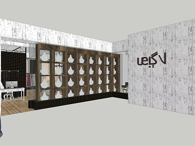 Modern Office Interior With Display Shelves Decorative Vases Wooden Desk And Textured Walls 3d model