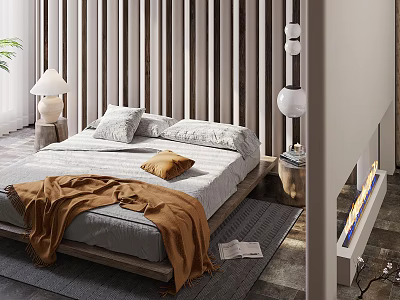 Cozy Double Bed with Striped Wall Table Lamp Brown Blanket and Fireplace 3d model