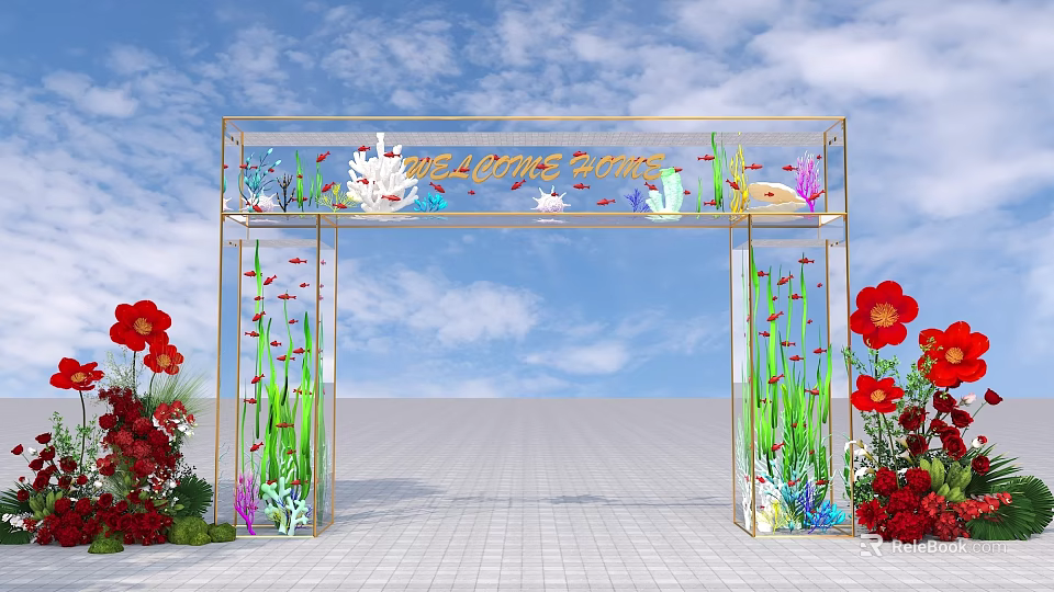Event Entrance Arch With Welcome Home Sign Coral Aquatic Plants And Red Flowers 3d model 