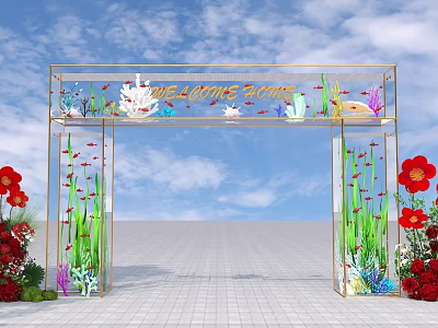 Event Entrance Arch With Welcome Home Sign Coral Aquatic Plants And Red Flowers 3d model