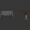 Two Stylish Furniture Tables With Gray Tablecloth Cover And Blue Marble Top Wooden Frame