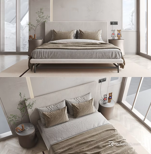 Modern Double Bed Bedroom Interior With Upholstered Headboard Plush Pillows And Bedside Decor 3d model 