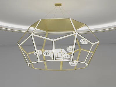 Modern Geometric Chandelier Hanging From Ceiling With Gold Frame And White Details 3d model