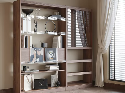 Modern Wooden Bookshelf With Layered Shelves Books Decorative Items And Photo Frames 3d model