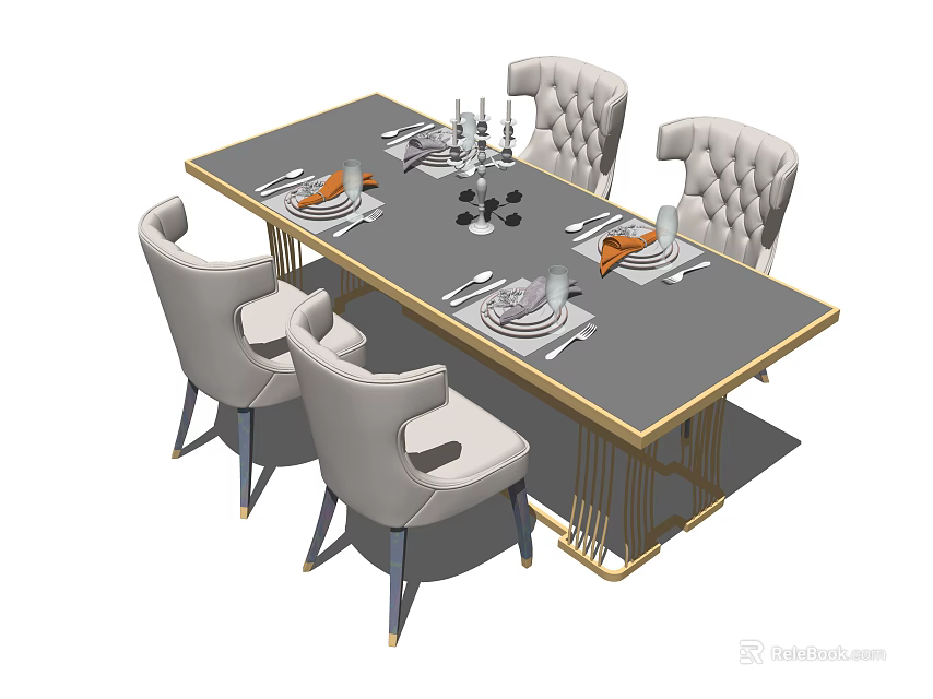 Elegant Dining Table Set with Gray Tabletop Golden Edges and Tufted Light Gray Chairs 3d model 