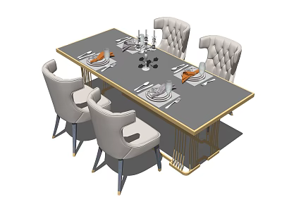 Elegant Dining Table Set with Gray Tabletop Golden Edges and Tufted Light Gray Chairs 3d model