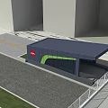 Modern Urban Station Exterior With Blue Roof Green Accents And Glass Windows