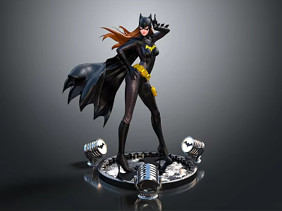 Batgirl Statue With Red Hair Black Cape Yellow Belt And Silver Microphones Base 3d model
