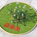 Fresh Green Vegetables on Round Green Mat with White Flowers and Red Characters