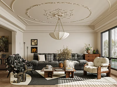 Luxurious Living Room Interior With Ornate Chandelier Sofa Set And Decorative Plants 3d model