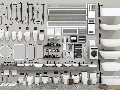 Modern Bathroom Combination With Toilets Sinks Bathtubs Mirrors Showers Storage And Washing Machine 3d model