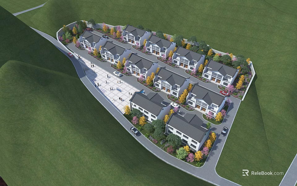 Modern Aerial Planning of Residential Townhouse Community With Green Landscaping and Roads 3d model 