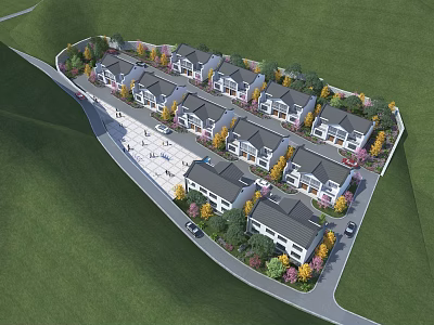 Modern Aerial Planning of Residential Townhouse Community With Green Landscaping and Roads 3d model