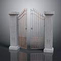 Open Classic Metal Entrance Gate With Spiked Top And Stone Pillars
