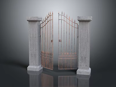 Open Classic Metal Entrance Gate With Spiked Top And Stone Pillars 3d model