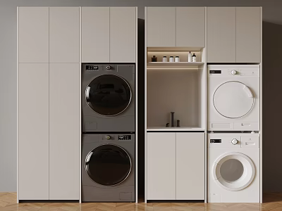 Dark And White Stacked Washing Machine And Dryer With Cabinet Storage Design 3d model